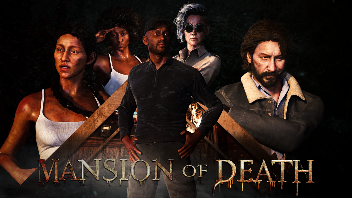 Group of five diverse people posing with a dark background and the title "Mansion of Death" at the bottom. A V.R. Escape room game