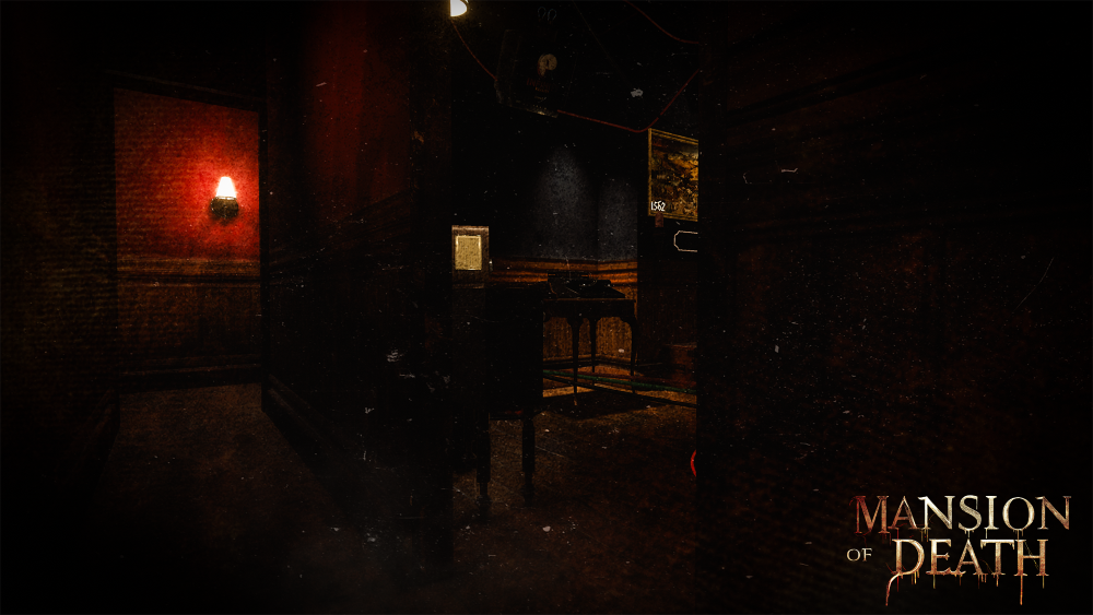 Dimly lit room with dark walls, a wall sconce with red lighting, and a table with chairs. The bottom right corner has the text 'Mansion of Death'. A V.R. Escape room game