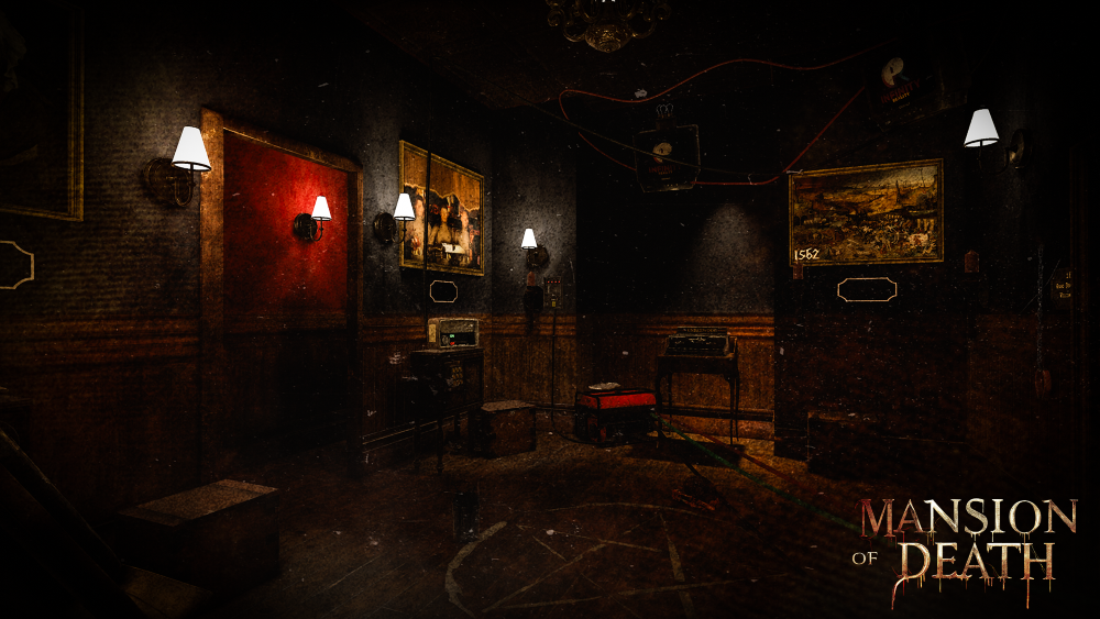 Dark, vintage room with dim lighting, red and gold framed paintings, wall sconces, and furniture including a small table, a bench, and a music stand. The lower right corner features the text "Mansion of Death." A V.R. Escape room game