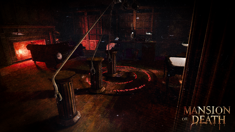 Dark, eerie room with red lighting, old furniture, a pool table, and a circular symbol on the floor glowing red, suggesting a haunted or supernatural setting, with the words "Mansion of Death" in the bottom right corner. A V.R. Escape room game