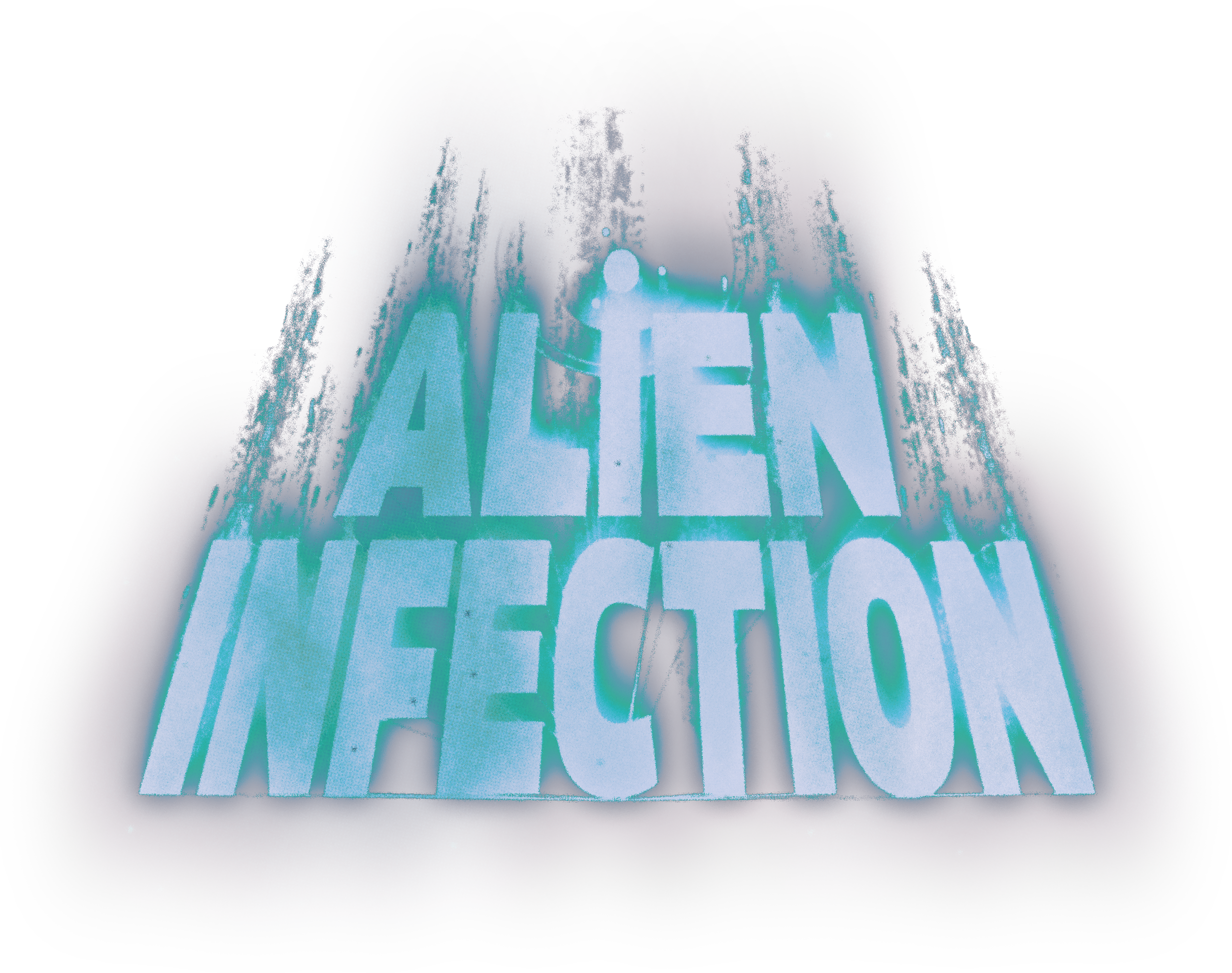 Neon sign displaying the word "ALIEN" in large letters, with water cascading down above it, illuminated with bright blue and purple colours. A V.R. Escape room game