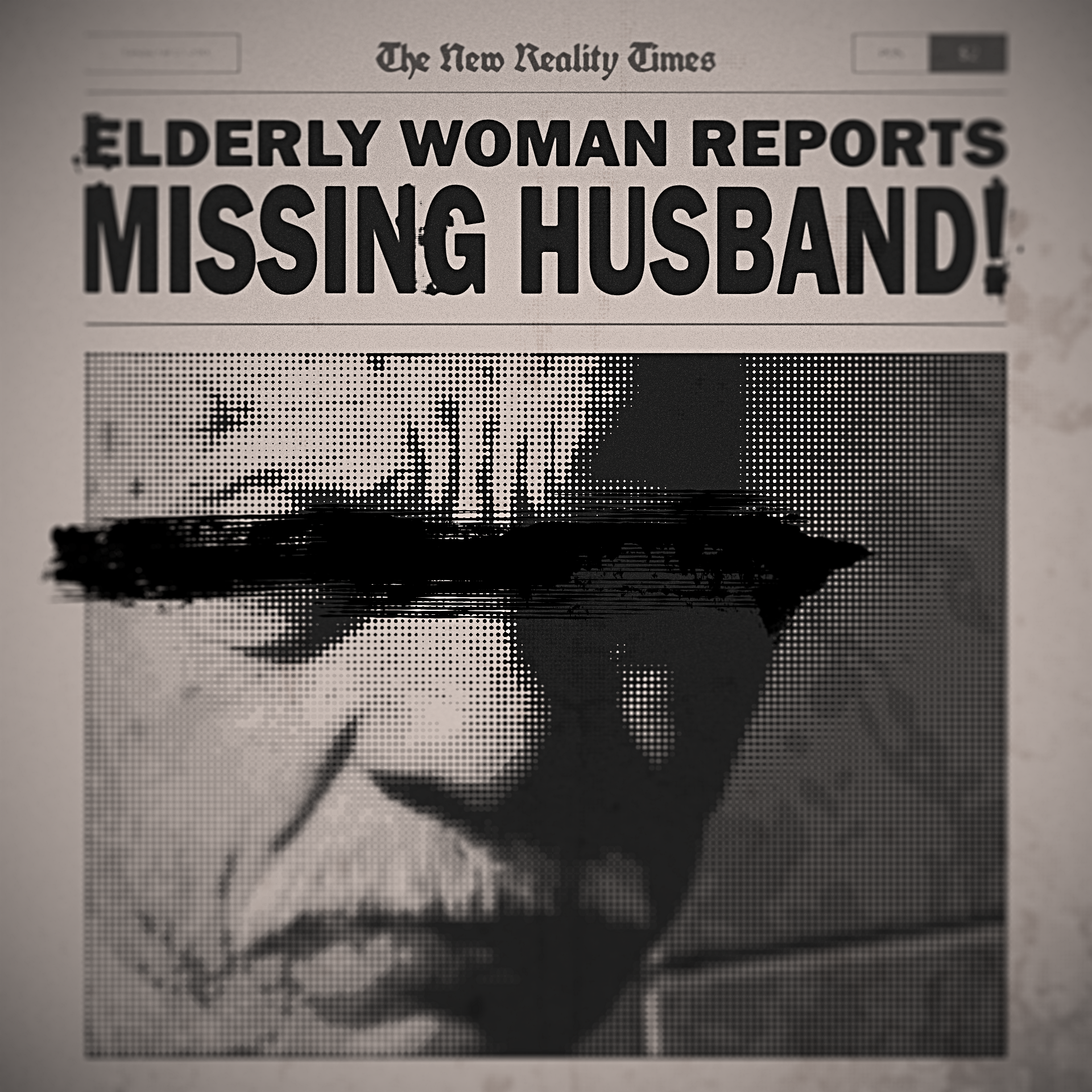 Black-and-white newspaper headline reading 'Elderly woman reports missing husband!' with a close-up photograph of an elderly woman's face, emphasized by bold text and a dot-matrix style image. A V.R. Escape room game