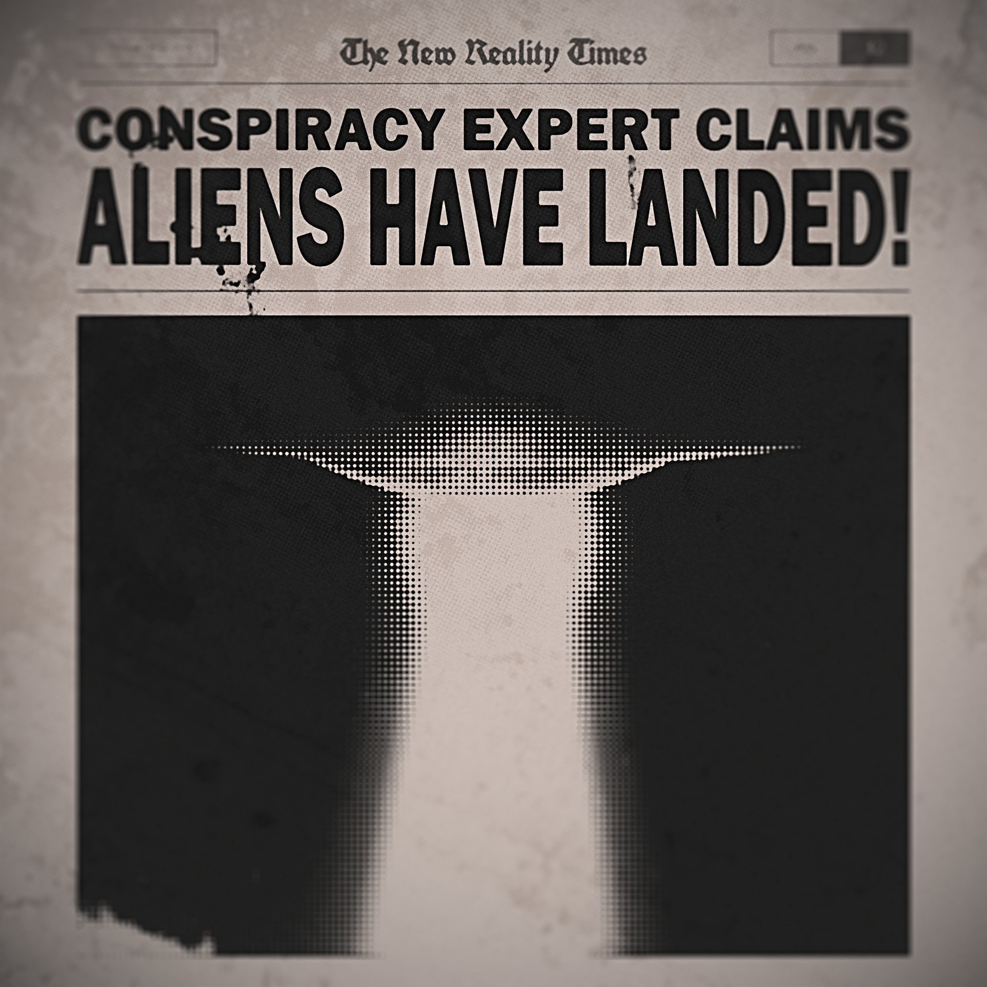 Front page of a newspaper titled 'The New Reality Times' with a headline claiming 'Conspiracy Expert Claims Aliens Have Landed!' and a graphic illustration of a UFO with a beam of light. A V.R. Escape room game