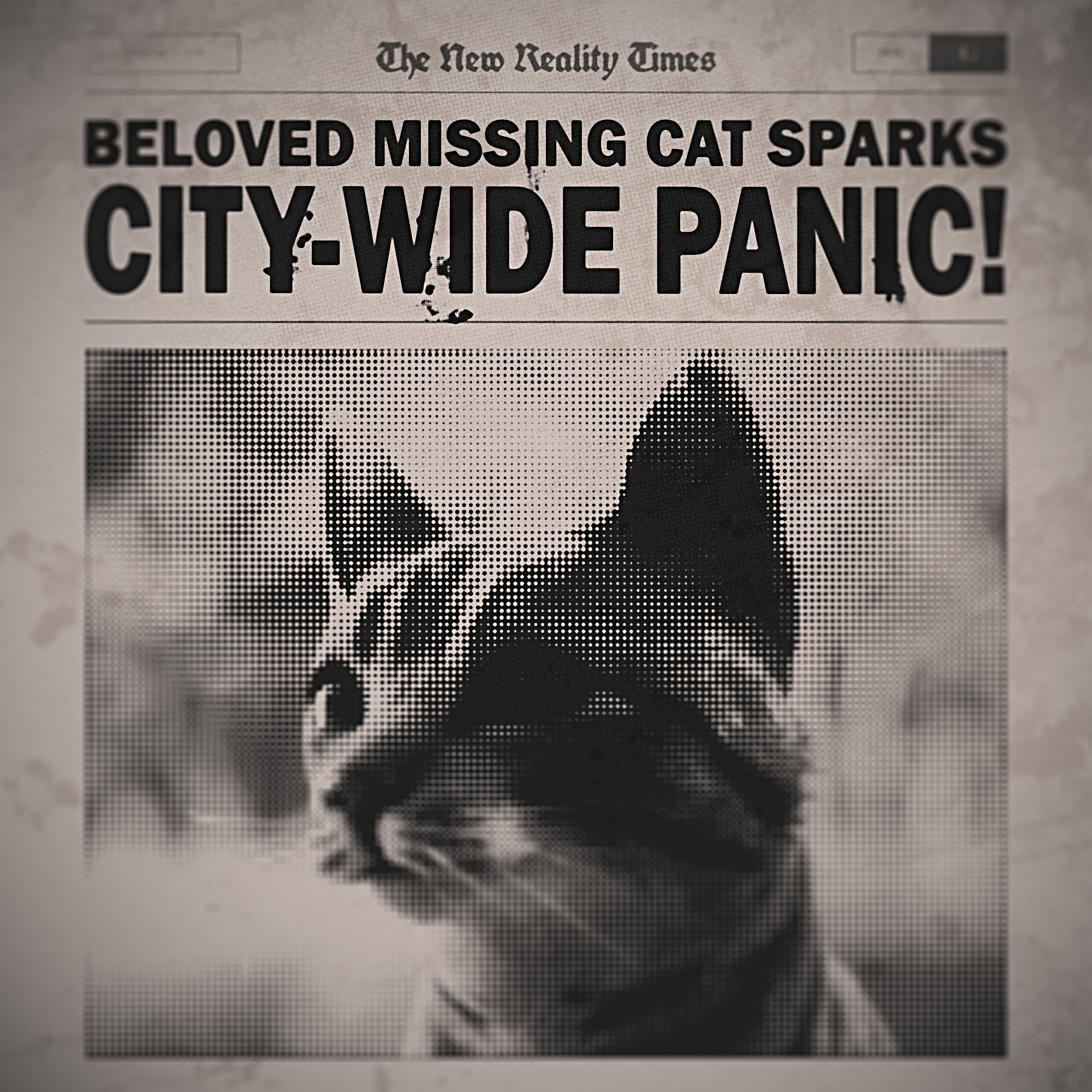 Newspaper headline from The New Reality Times about a missing cat, with a black and white photo of a cat shown on the front page. A V.R. Escape room game