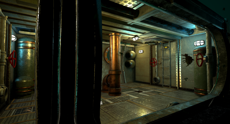 Interior of an industrial or steampunk-style room with metal pipes, valves, and gauges, illuminated by overhead lights. Depths of Osiris VR Escape Room