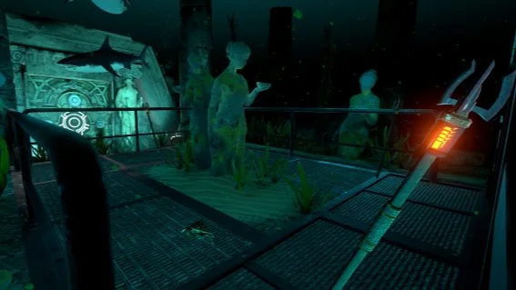 Underwater scene with statues of divers and marine life on a submerged platform, with a trident weapon in the foreground. Depths of Osiris VR Escape Room