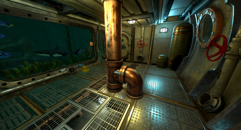 Interior of an underwater observatory or submarine environment with metal floors, pipes, and large windows showing fish swimming outside. Depths of Osiris VR Escape Room
