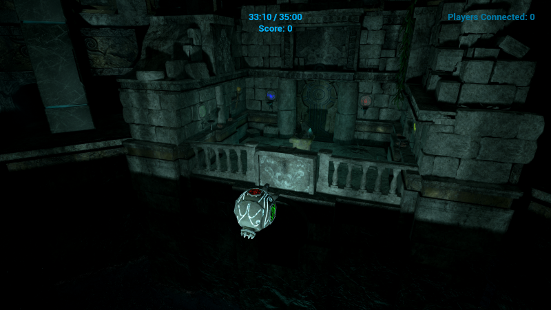 In a dark, sci-fi style virtual environment, a floating spherical robot hovers near a stone railing in front of a fortress-like structure with stone steps, pillars, and a large door.
