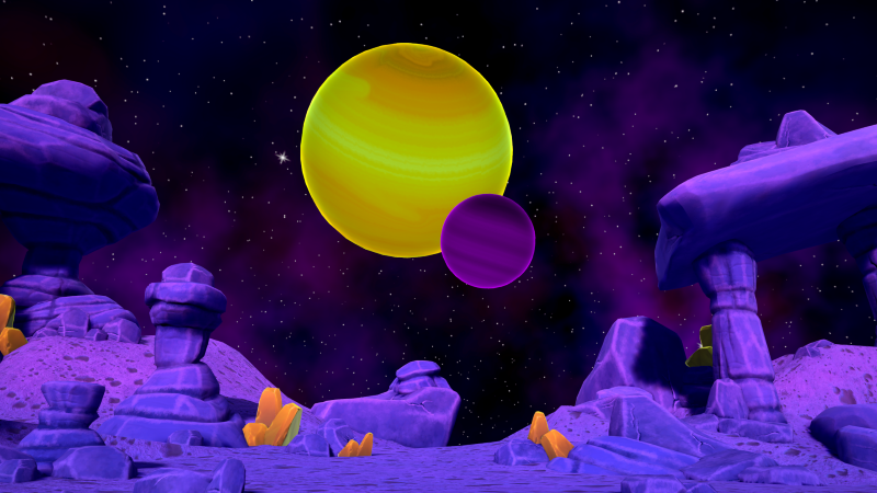 Colorful digital illustration of an alien landscape with purple rock formations and two planets, one yellow and one purple, in a starry sky. Laserbots VR Game