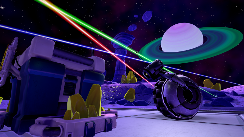 A science fiction scene depicting a lunar landscape with a satellite or space station, colorful laser beams crossing in the sky, and a planet with rings resembling Saturn in the background.  Laserbots VR Game