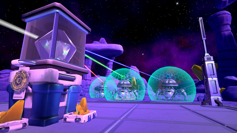 A futuristic space scene showing domed structures with glowing green and purple hexagonal patterns, a tall antenna, and a large glass enclosure with a glowing crystal inside, set against a starry purple galaxy background.  Laserbots VR Game