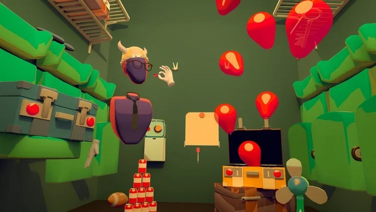 Cartoon-style room with green shelves, hanging red lanterns, floating hearts, a small desk with a computer, and various playful decorations and objects. Virtual Reality Games
