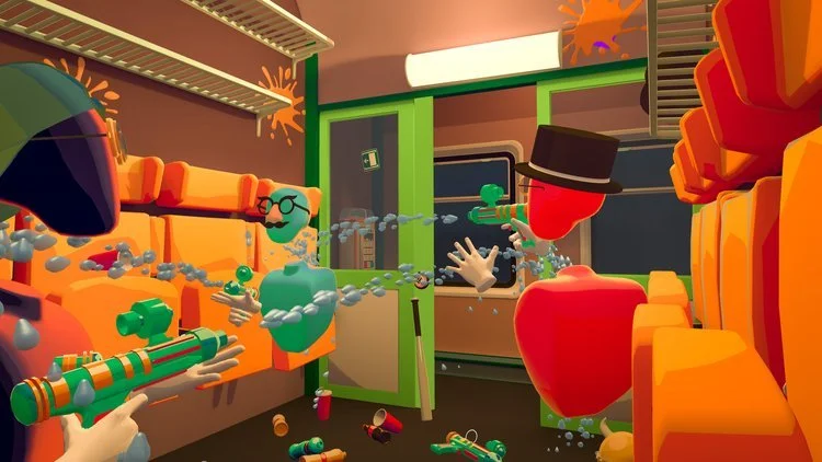 Cartoon characters with red and green bodies and black hats engage in a playful water gun fight inside an orange and green room. Virtual Reality Games