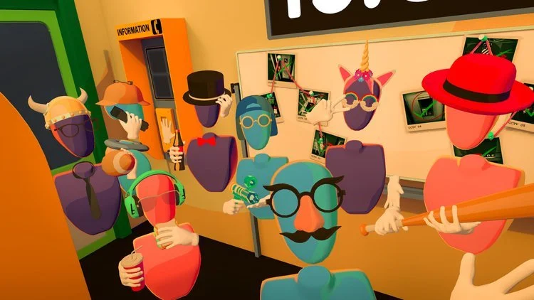 Colorful cartoon characters in a train station or transit area, some with accessories like hats, sunglasses, and headphones, near an information kiosk and bulletin boards. Virtual Reality Games