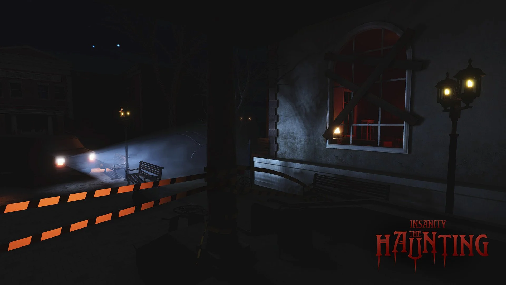 Dark night scene outside a haunted house with green glowing eyes peering from the darkness, dim streetlights, and boarded-up window, featuring the game title 'Insanity The Haunting' in red at the bottom. A scary VR experience