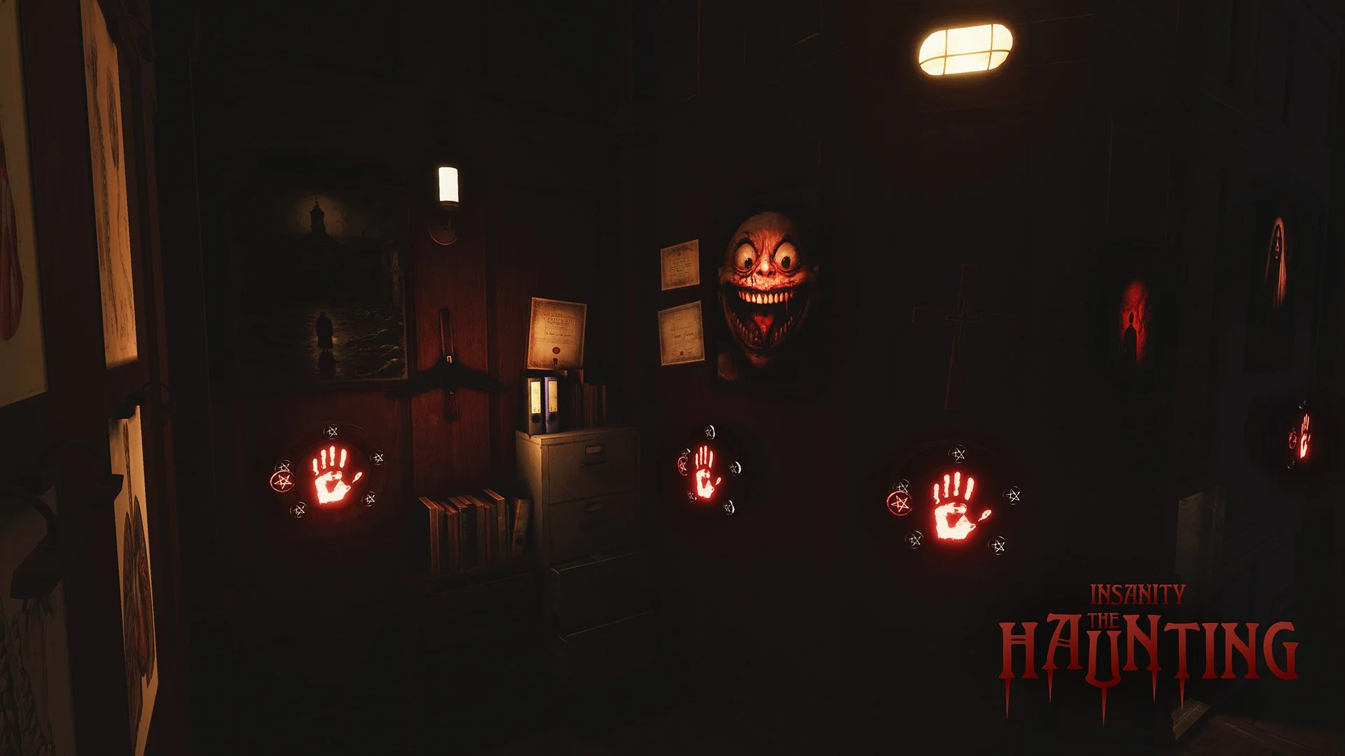 A darkroom with two red handprints with pentagrams around them, a creepy clown face with big eyes and a wide grin, and the words 'Insanity: The Haunting' written in red at the bottom right corner. A scary VR experience