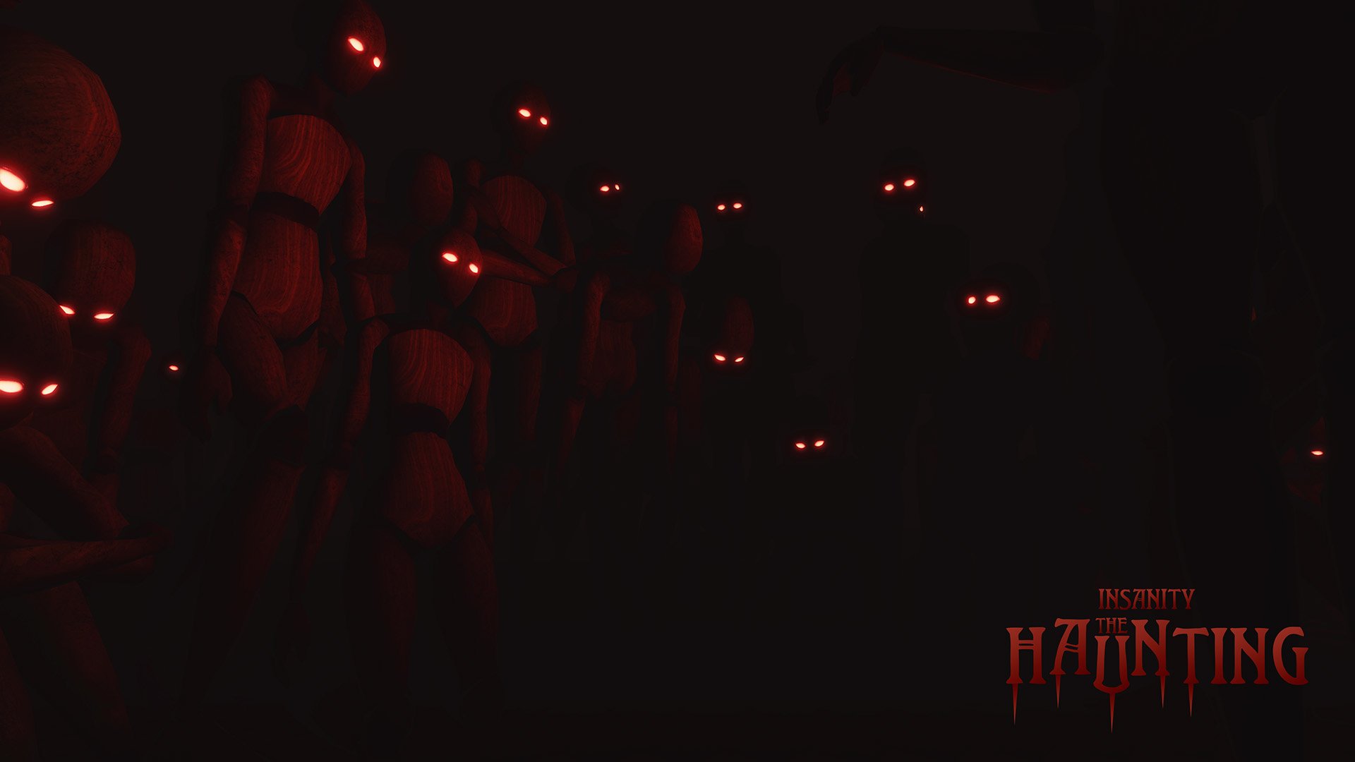 Dark scene with humanoid figures with glowing red eyes, some holding weapons, with the title "Insanity: The Haunting" in red text at the bottom. A scary VR experience