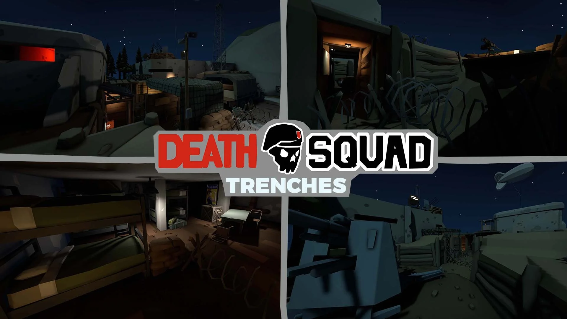 Video game promotional image for "Death Squad Trenches" showing four scenes of interior and exterior war environments, with the game title in the center. Virtual Reality Games