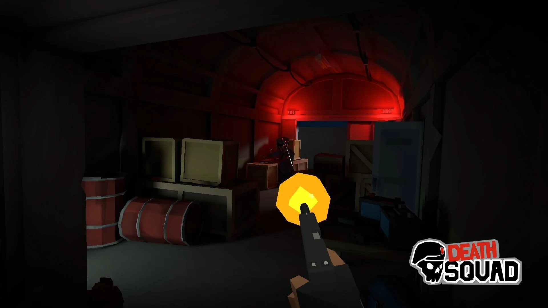 A pixelated scene from a video game called 'Death Squad' showing a first-person shooter perspective inside a dark, warehouse-like room with boxes and barrels. The player character is aiming a gun at an enemy in front of a red-lit background. Virtual