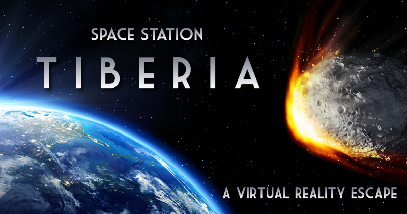 Spaceship approaching the Earth from space with a meteor streaking across the sky. Text reads 'Space Station Tiberia: A Virtual Reality Escape'.