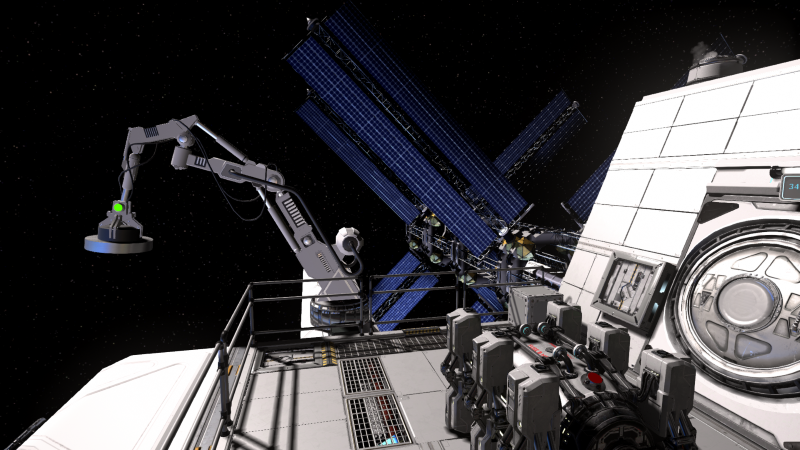 Robotic arm on a space station with solar panels and scientific instruments in space. Space Station Tiberia: A Virtual Reality Escape Room