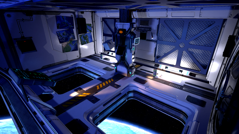 Interior of a futuristic spaceship with a view of Earth outside the window, featuring advanced equipment and control panels. Space Station Tiberia: A Virtual Reality Escape Room