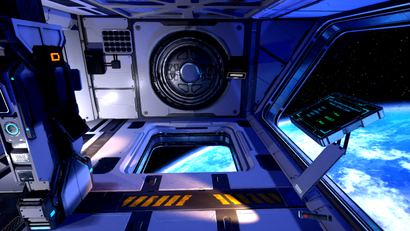 Inside a futuristic spacecraft with a view of Earth from space, showing control panels, a hatch, and a large window. Space Station Tiberia: A Virtual Reality Escape Room