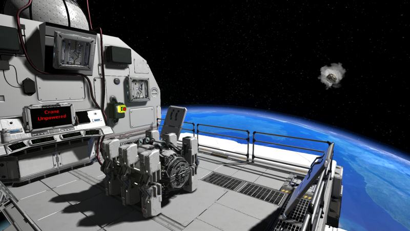 View from a space station balcony showing Earth, a satellite, and a falling asteroid in space. Space Station Tiberia: A Virtual Reality Escape Room
