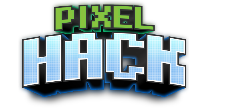 Pixel Hack logo with pixelated text, 'Pixel' in green and 'Hack' in blue, outlined in black with a glow effect. A V.R. Shooter game