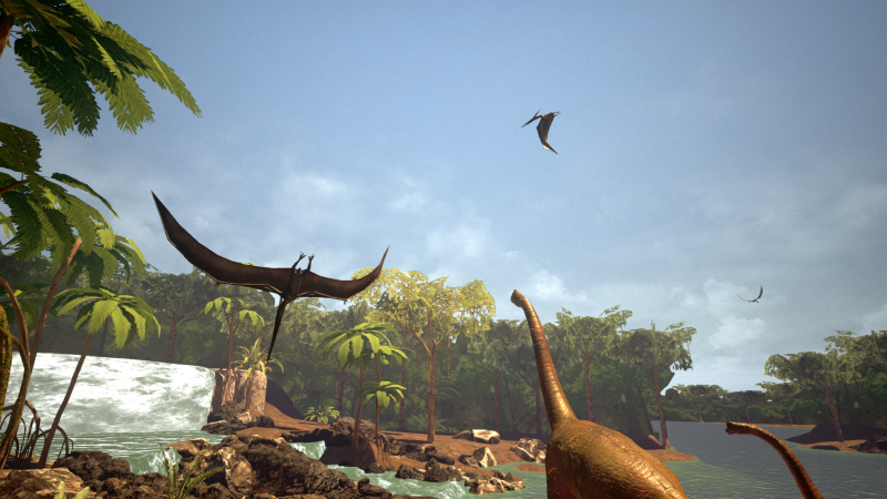 A prehistoric landscape with dinosaurs, including pterodactyls flying and a long-necked sauropod near water, surrounded by lush green trees and rocks. Time Travel Paradox VR Escape Room