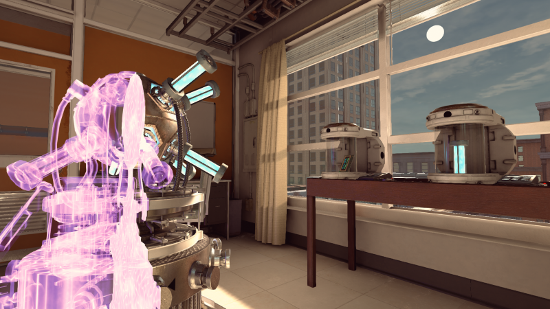 Inside a laboratory with large windows, featuring scientific equipment and a transparent holographic figure of a woman near a microscope. Time Travel Paradox VR Escape Room