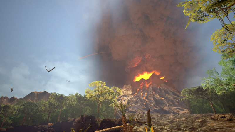 A volcano erupting with a fiery glow and smoke, surrounded by green trees and a clear sky with birds flying. Time Travel Paradox VR Escape Room