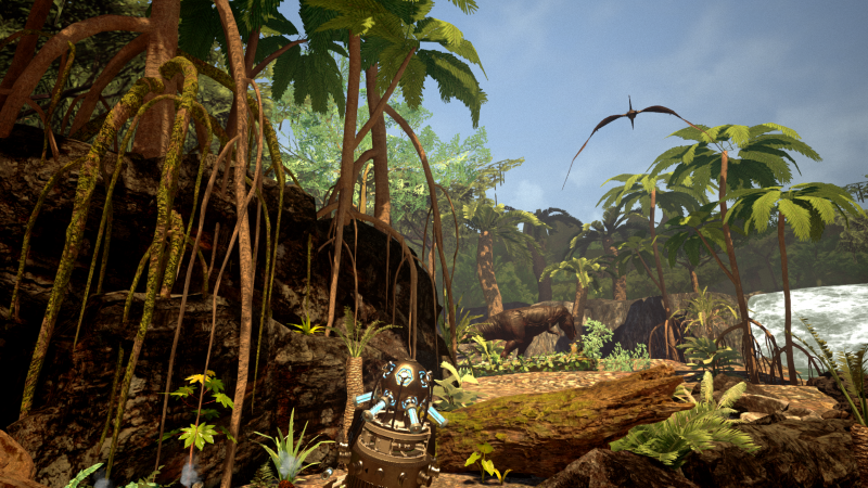 A lush, tropical jungle landscape with dense green foliage, tall trees, and a waterfall. A dinosaur is seen in the background, and a drone or robotic device is on the ground in the foreground. Time Travel Paradox VR Escape Room