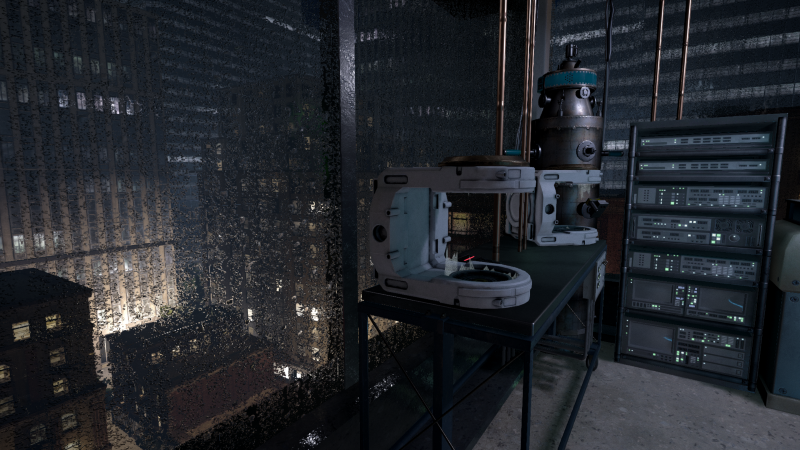 Laboratory with scientific equipment and data servers in a dark room, illuminated by ambient light from outside.