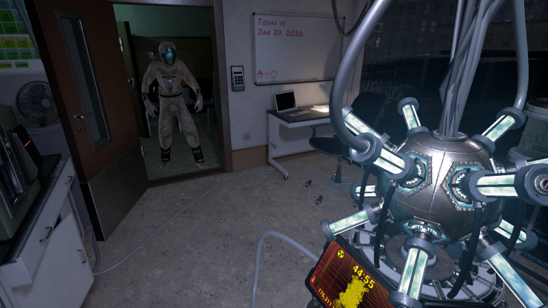 A person in a hazmat suit standing in a laboratory or control room with medical and scientific equipment, a whiteboard with writing, and a futuristic device with multiple tubes and a digital monitor. Time Travel Paradox VR Escape Room