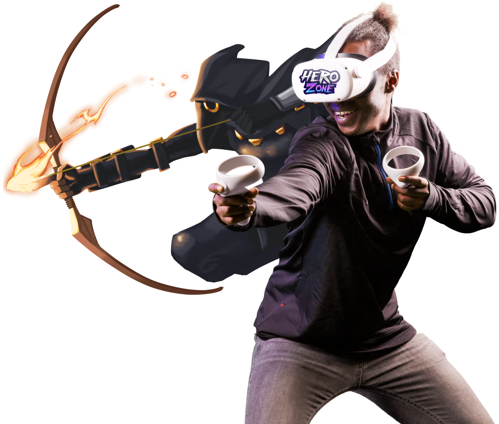 A young man wearing a virtual reality headset labeled 'Hero Zone' holding VR controllers, playfully aiming as if shooting, with a digitally added dragon in the background. Virtual Reality Games