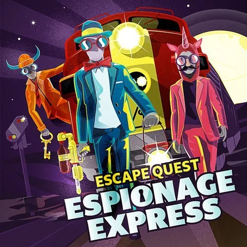 Stylized illustration of three anthropomorphic animals dressed as spies with a train and night sky in the background. The text reads "Escape Quest Espionage Express." A V.R. Mini escape room