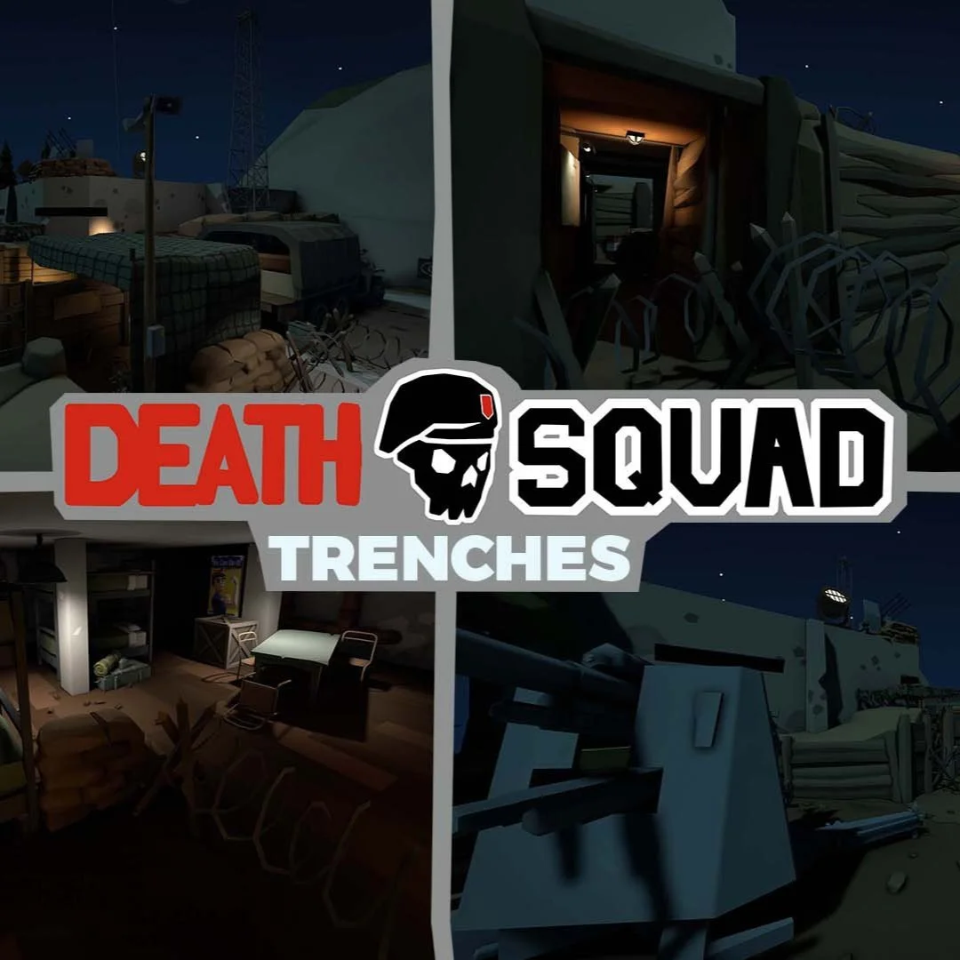 Cover art for Death Squad Trenches, featuring four distinct scenes of military and urban landscapes at night, with a skull logo wearing a helmet in the center. VR Shooter