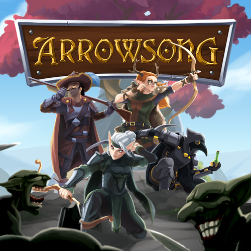 Illustration of four fantasy characters with weapons and a sign reading 'Arrowsong' above them, set against a landscape with a purple sky and dragons. A V.R. Arrow Shooter