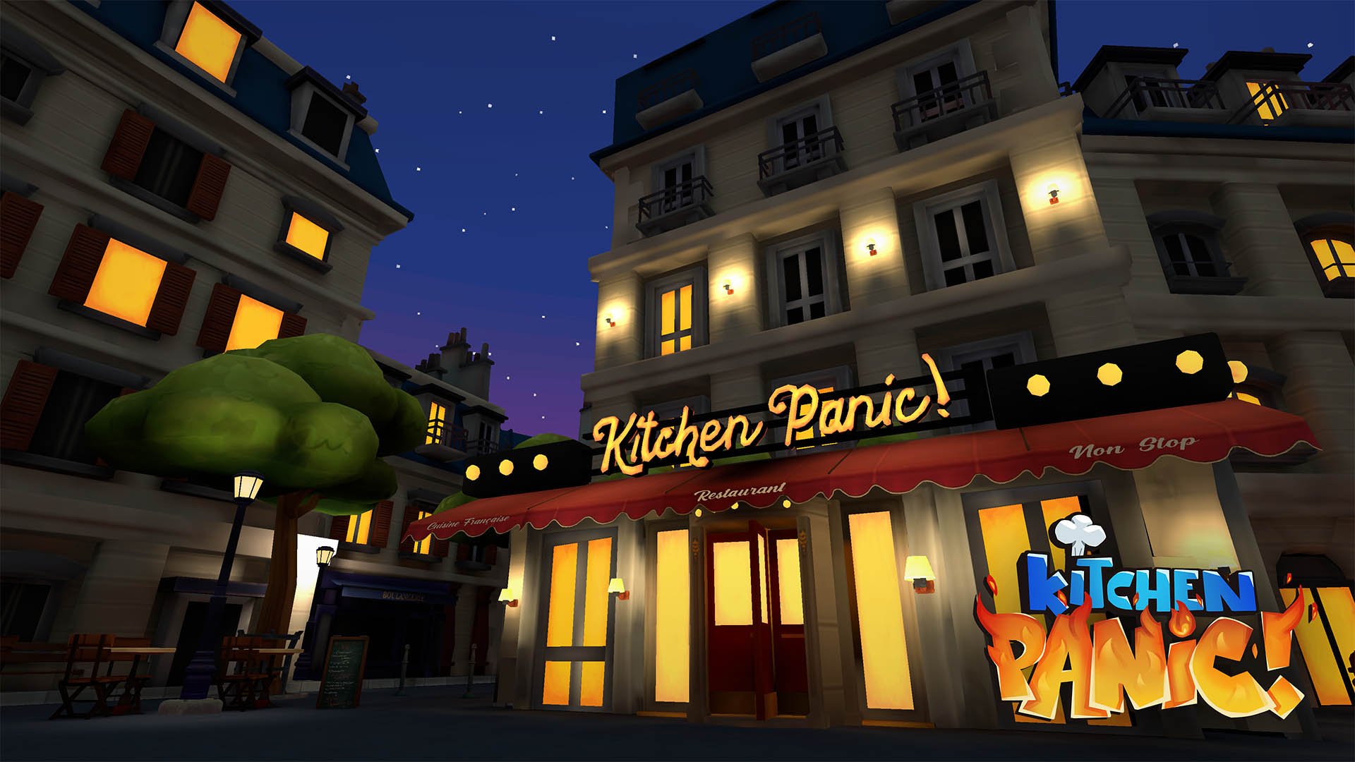 Night view of a restaurant named 'Kitchen Panic!' with a bright yellow sign and red awning, illuminated windows, trees, streetlights, and adjacent buildings. VR cooking game