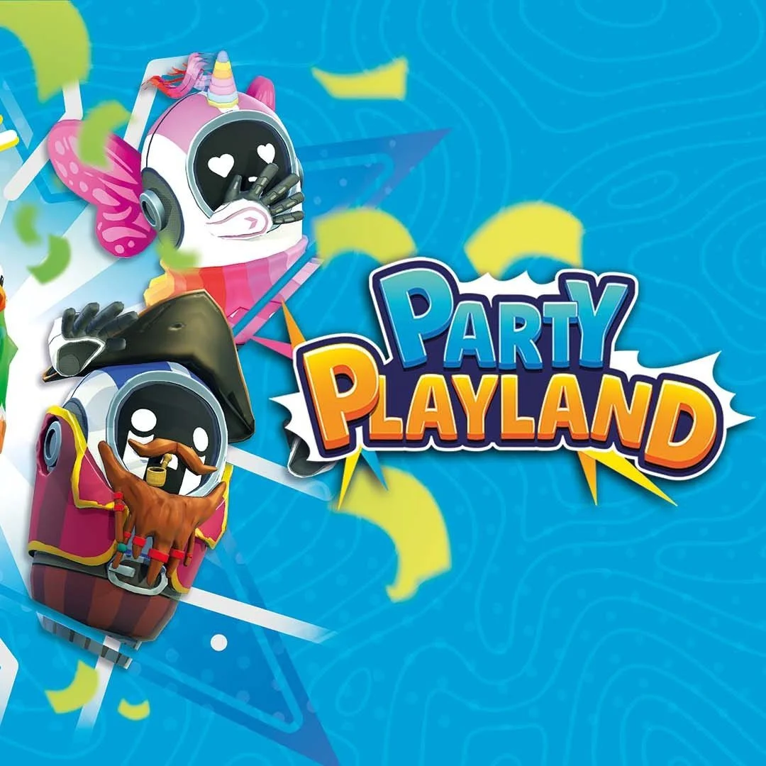 Colorful game cover art for Party Playland featuring cartoon characters in costumes, including a unicorn, pirate, and cowboy, with a vibrant blue background and playful font. VR Kids game