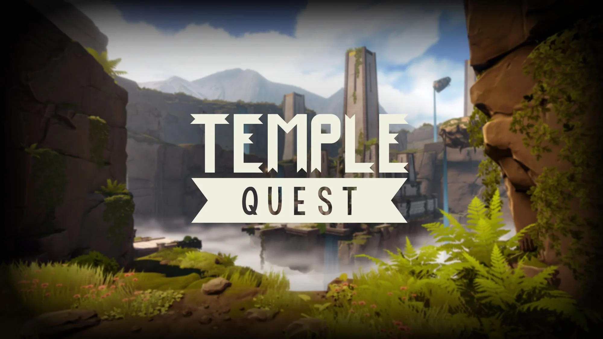 Screenshot of the game 'Temple Quest' with a background of a scenic landscape featuring waterfalls, tall structures, and lush green foliage. VR puzzle adventure quest