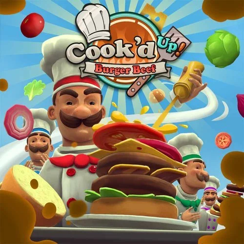 Colorful cartoon image featuring a chef with a mustache and chef's hat, surrounded by ingredients and toppings, with a large burger topped with cheese, lettuce, tomato, and patties in focus. Title text reads "Cook'd Up! Burger Beef."