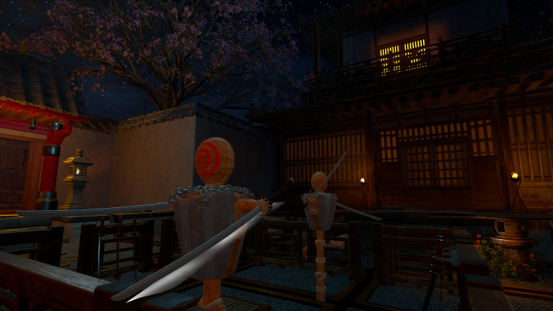Nighttime scene of a traditional Japanese courtyard with wooden structures, lanterns, and samurai mannequins practising swordsmanship. Ninja Trials VR Escape Room