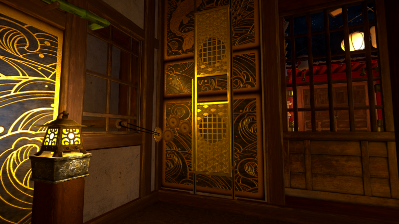 Interior of a traditional Japanese room with wooden sliding doors featuring intricate gold designs, a small lantern, and a decorative screen. Ninja Trials VR Escape Room