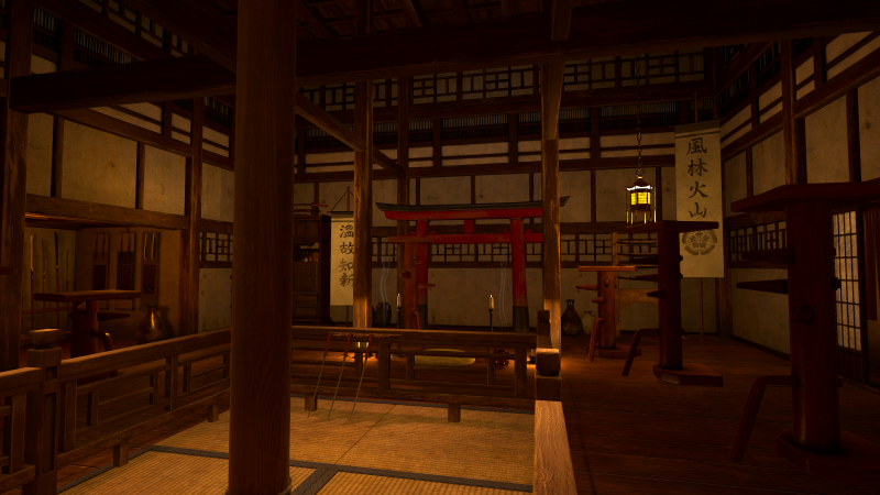 Traditional Japanese interior with wooden architecture, a red torii gate, hanging lantern, and banners with Japanese characters. Ninja Trials VR Escape Room