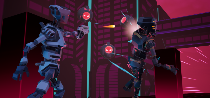 Two futuristic robots fighting in a neon-lit city at night with floating emoji-like orbs and incoming projectiles. Virtual Reality Games