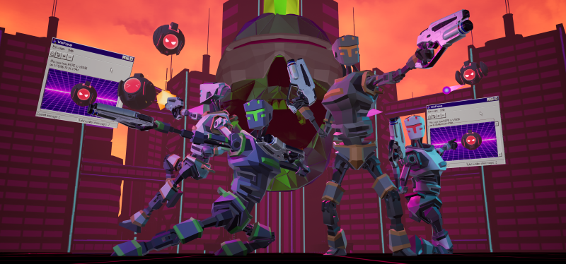 Digital illustration of four robotic characters with guns, in front of giant skull and futuristic cityscape at sunset, with computer screens showing a pixelated face and sound wave graphics. Virtual Reality Games