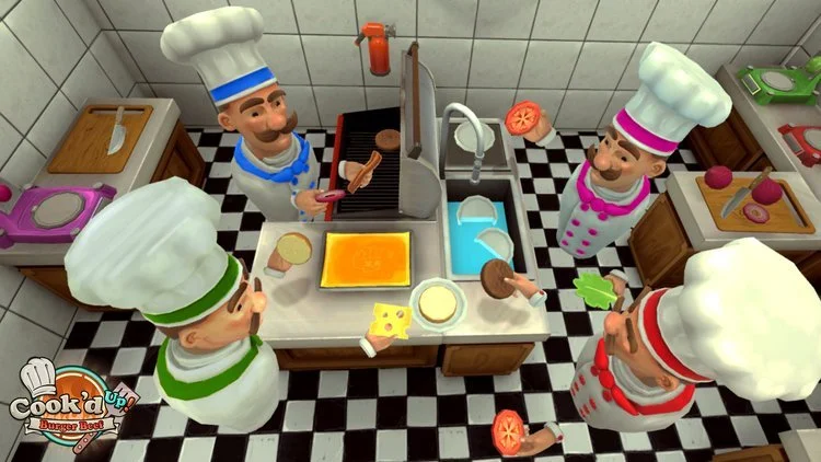Four animated chefs in a kitchen preparing burger ingredients. One chef is slicing meat, another handling a burger patty, and others preparing buns and toppings. Virtual Reality Games