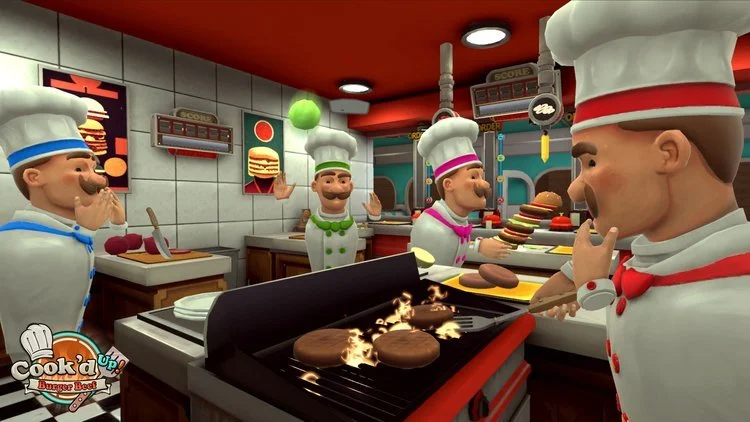 Animated chefs cooking and preparing burgers in a fast food restaurant kitchen. Virtual Reality Games